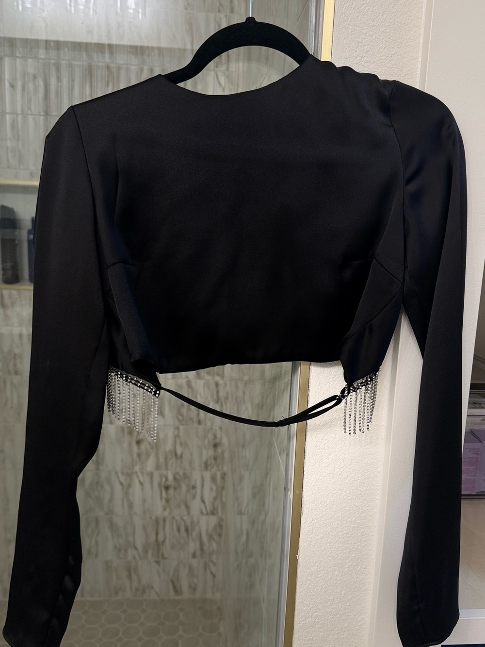 Zara Black Cropped Long-Sleeve Top with Rhinestone Fringe